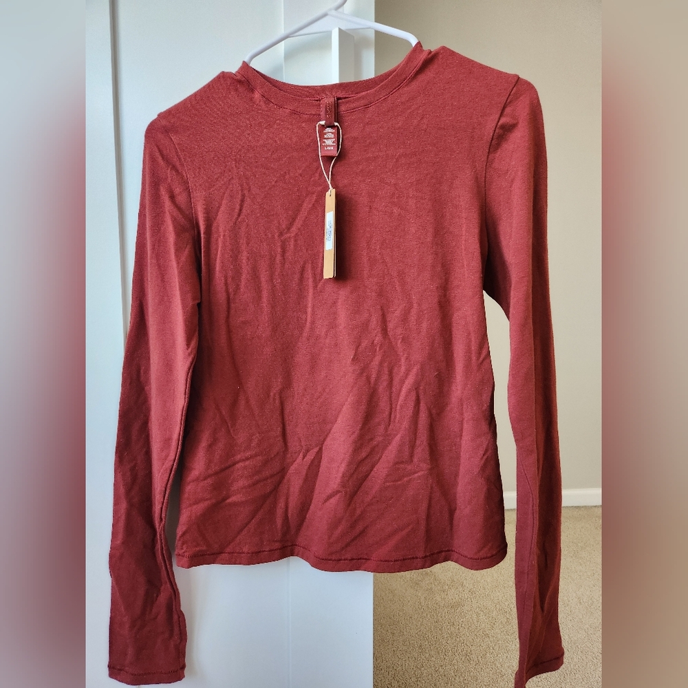 SKIMS Long Sleeve Cotton Shirt in Sangria- Size Large